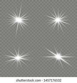 Glow isolated white transparent light effect set, lens flare, explosion, glitter, line, sun flash, spark and stars.