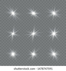 Glow isolated white transparent light effect set, lens flare, explosion, glitter, line, sun flash, spark and stars.