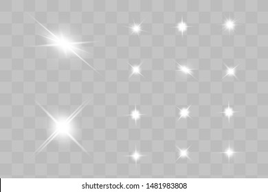 Glow isolated white transparent light effect set, lens flare, explosion, glitter, line, sun flash, spark and stars. Abstract special effect element design.
