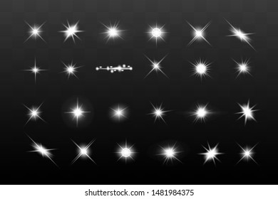 Glow isolated white transparent light effect set, lens flare, explosion, glitter, line, sun flash, spark and stars. Abstract special effect element design.