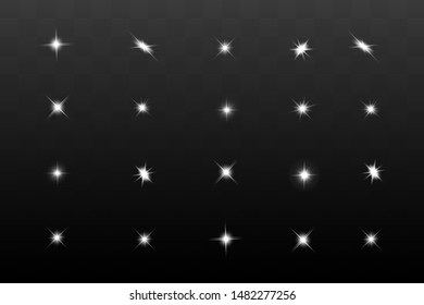 Glow isolated white transparent light effect set, lens flare, explosion, glitter, line, sun flash, spark and stars. Abstract special effect element design.