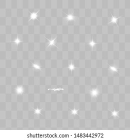 Glow isolated white transparent light effect set, lens flare, explosion, glitter, line, sun flash, spark and stars. Abstract special effect element design.