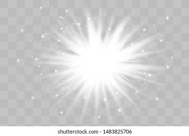 Glow isolated white transparent light effect set, lens flare, explosion, glitter, line, sun flash, spark and stars. Abstract special effect element design.