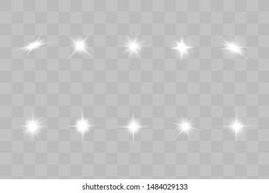 Glow isolated white transparent light effect set, lens flare, explosion, glitter, line, sun flash, spark and stars. Abstract special effect element design.
