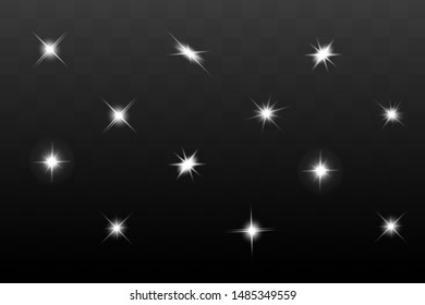 Glow isolated white transparent light effect set, lens flare, explosion, glitter, line, sun flash, spark and stars. Abstract special effect element design.