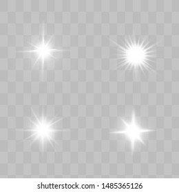 Glow isolated white transparent light effect set, lens flare, explosion, glitter, line, sun flash, spark and stars. Abstract special effect element design.