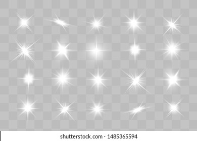 Glow isolated white transparent light effect set, lens flare, explosion, glitter, line, sun flash, spark and stars. Abstract special effect element design.