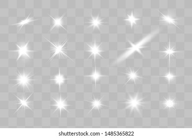 Glow isolated white transparent light effect set, lens flare, explosion, glitter, line, sun flash, spark and stars. Abstract special effect element design.