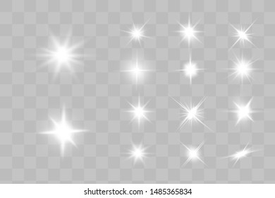 Glow isolated white transparent light effect set, lens flare, explosion, glitter, line, sun flash, spark and stars. Abstract special effect element design.