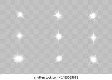 Glow isolated white transparent light effect set, lens flare, explosion, glitter, line, sun flash, spark and stars. Abstract special effect element design.