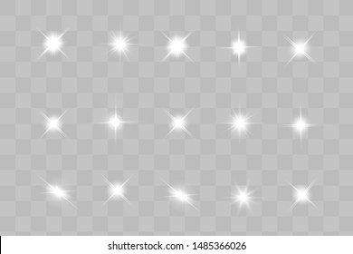 Glow isolated white transparent light effect set, lens flare, explosion, glitter, line, sun flash, spark and stars. Abstract special effect element design.