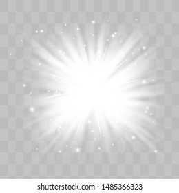 Glow isolated white transparent light effect set, lens flare, explosion, glitter, line, sun flash, spark and stars. Abstract special effect element design.