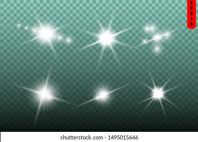 Glow isolated white transparent light effect set, glare, explosion, sparkle, line, sun flare, spark and stars. Abstract design effect element.