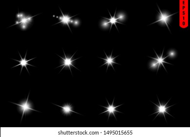 Glow isolated white transparent light effect set, glare, explosion, sparkle, line, sun flare, spark and stars. Abstract design effect element.