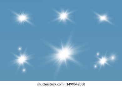 Glow isolated white transparent light effect set, glare, explosion, sparkle, line, sun flare, spark and stars. Abstract design effect element.
