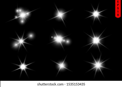 Glow isolated white transparent light effect set, glare, explosion, sparkle, line, sun flare, spark and stars. Abstract design effect element.