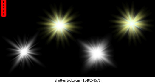 Glow isolated white transparent light effect set, glare, explosion, sparkle, line, sun flare, spark and stars. Abstract design effect element.