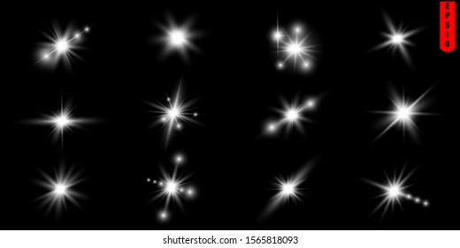 Glow isolated white transparent light effect set, glare, explosion, sparkle, line, sun flare, spark and stars. Abstract design effect element.