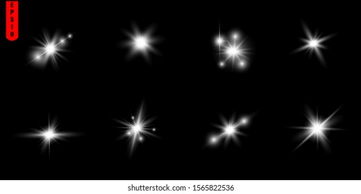 Glow isolated white transparent light effect set, glare, explosion, sparkle, line, sun flare, spark and stars. Abstract design effect element.