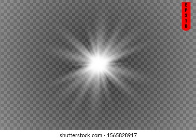 Glow isolated white transparent light effect set, lens flare, explosion, glitter, line, sun flash, spark and stars. Abstract special effect element design