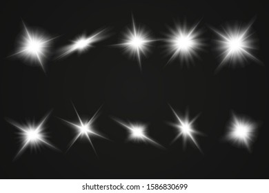 Glow isolated white transparent light effect set, glare, explosion, sparkle, line, sun flare, spark and stars. Abstract design effect element.