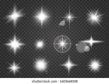 Glow isolated white transparent light effect set. Glowing lights effect, flare, explosion and stars.  Sparkling magical dust particles. Bright Star. Transparent shining sun, bright flash. 