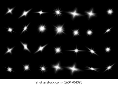 Glow isolated white transparent light effect set, glare, explosion, sparkle, line, sun flare, spark and stars. Abstract design effect element.