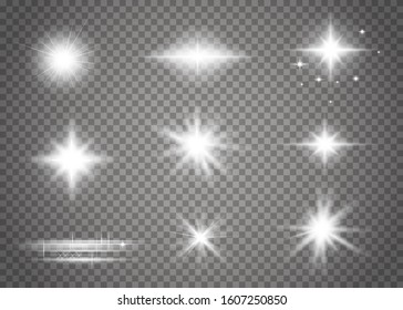 Glow Isolated White Transparent Light Effect Set. Glowing Lights Effect, Flare, Explosion And Stars.  Sparkling Magical Dust Particles. Bright Star. Vector Sparkles.