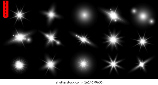 Glow isolated white transparent light effect set, glare, explosion, sparkle, line, sun flare, spark and stars. Abstract design effect element.