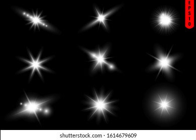 Glow isolated white transparent light effect set, glare, explosion, sparkle, line, sun flare, spark and stars. Abstract design effect element.