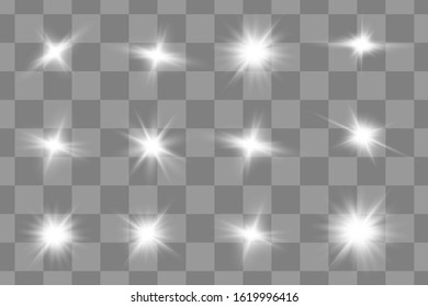 Glow isolated white transparent light effect set, glare, explosion, sparkle, line, sun flare, spark and stars. Abstract design effect element.