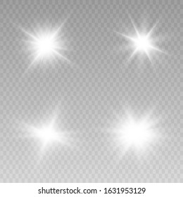 Glow isolated white transparent light effect set, glare, explosion, sparkle, line, sun flare, spark and stars. Abstract design effect element.