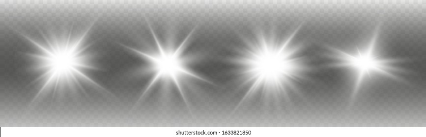 Glow isolated white transparent light effect set, glare, explosion, sparkle, line, sun flare, spark and stars. Abstract design effect element.