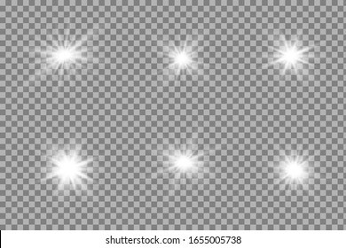 Glow isolated white transparent light effect set, lens flare, explosion, glitter, line, sun flash, spark and stars.