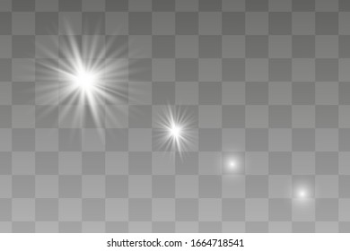 Glow isolated white transparent light effect set, glare, explosion, sparkle, line, sun flare, spark and stars. Abstract design effect element.