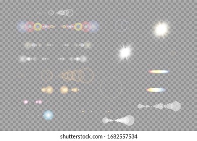 Glow isolated white transparent light effect set, lens flare, explosion, glitter, line, sun flash, spark and stars. Abstract special effect element design. Shine ray with lightning, sparkling round