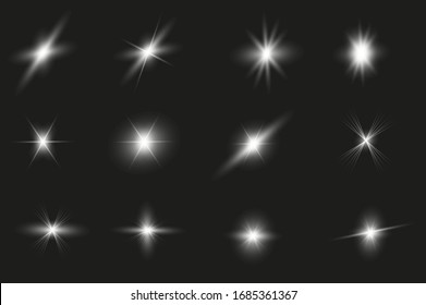 Glow isolated white transparent light effect set. Glowing lights effect, flare, explosion and stars. Sparkling magical dust particles. Bright Star. Vector sparkles.