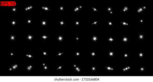 Glow isolated white transparent light effect set, lens flare, explosion, glitter, line, sun flash, spark and stars. Abstract special effect element design.