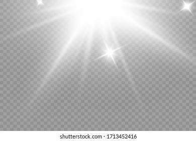 Glow isolated white transparent light effect set, lens flare, explosion, glitter, line, sun flash, spark and stars. Abstract special effect element design. Shine ray with lighting, sparkling round