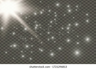 Glow isolated white transparent light effect set, lens flare, glitter, line, sun flash, spark and stars. Abstract special effect element design. 