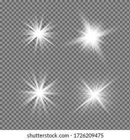 Glow isolated white transparent light effect set, lens flare, explosion, glitter, line, sun flash, spark and stars. Abstract special effect element design.