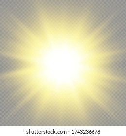 Lichtisolierte weiße, transparente Lichteffekte, Blendung, Explosion, Glitter, Linie, Sonnenblitz, Funken und Sterne. Abstraktes Design von Spezialeffekten. Shine ray mit Blitzstrahl, funkelnd rund