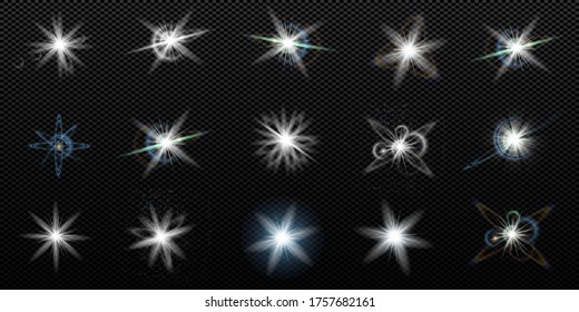 Glow isolated white transparent light effect set, glare, explosion, sparkle, line, sun flare, spark and stars. Abstract design effect element.