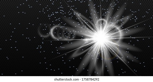 Glow isolated white transparent light effect set, lens flare, explosion, glitter, line, sun flash, spark and stars. Abstract special effect element design. Shine ray with lightning, sparkling round