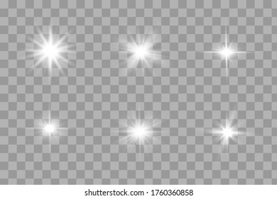 Glow isolated white transparent light effect set, lens flare, explosion, glitter, line, sun flash, spark and stars. Abstract special effect element design.