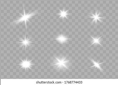 Glow isolated white transparent light effect set, lens flare, explosion, glitter, line, sun flash, spark and stars. Abstract special effect element design.