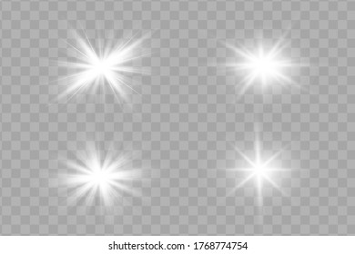 Juego de efecto luminoso transparente blanco aislado de brillo, lente inflamada, explosión, brillo, línea, flash solar, chispa y estrellas. Resumen de diseño de elementos de efecto especial.