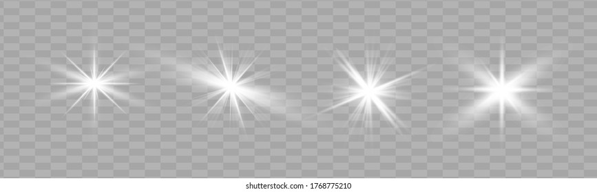 Lichtisolierter weißer transparenter Lichteffekt-Set, Objektivfackel, Explosion, Glitter, Linie, Sonnenblitz, Funken und Sterne. Abstraktes Design von Spezialeffekten.