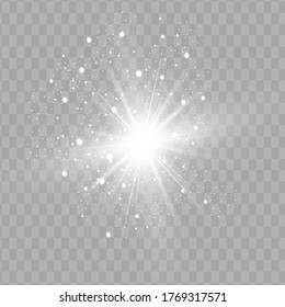 Lichtisolierter weißer transparenter Lichteffekt-Set, Objektivfackel, Explosion, Glitter, Linie, Sonnenblitz, Funken und Sterne. Abstraktes Design von Spezialeffekten.