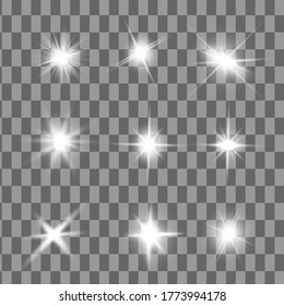 Juego de efecto luminoso transparente blanco aislado de brillo, lente inflamada, explosión, brillo, línea, flash solar, chispa y estrellas. Resumen de diseño de elementos de efecto especial.